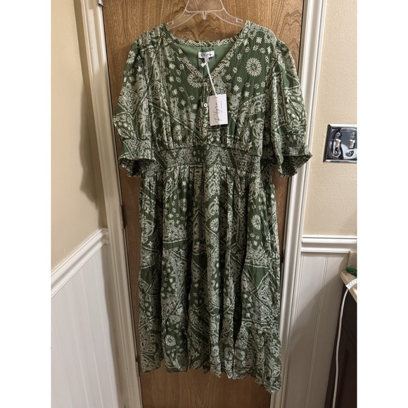 Polygram Boutique Green White Bandana Pattern Button Top Peplum Dress 3XL Boho - Picture 2 of 11